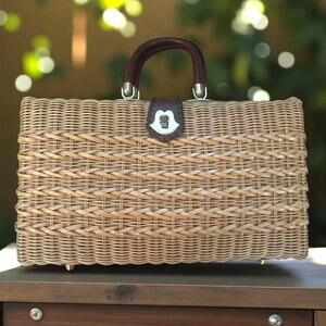 Vintage Wicker Box Handbag Leather Handle Brass Latch 1950s Palm Beach Style EUC